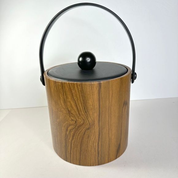 Vintage 1960s Ice Bucket Brown Vinyl Wood Tones Kraftware - Picture 1 of 8